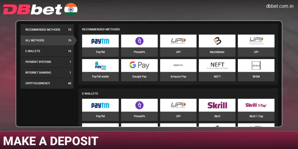 Make a deposit at DBbet India