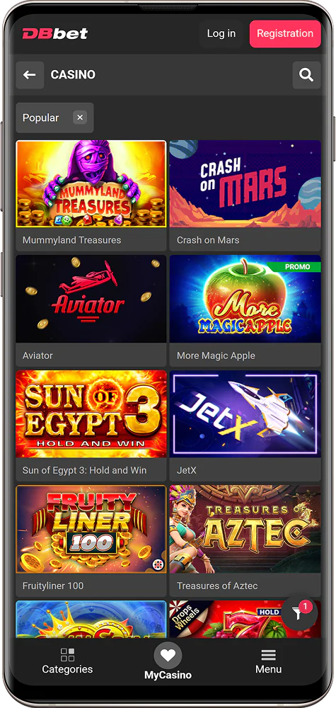 Screenshot of the casino section in the DBbet IN app