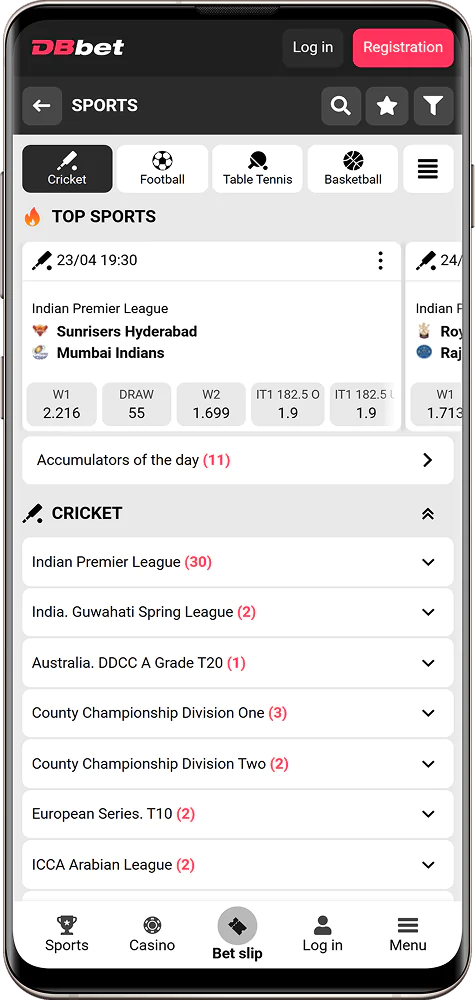 Screenshot of cricket betting in the DBbet India app
